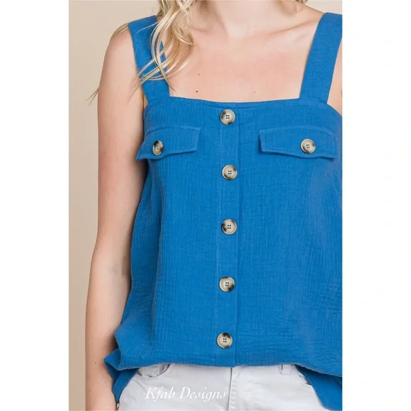 LAST 2! Go To Perry Blue Cotton Sleeveless Top with Button Detail! - Picture 4 of 4